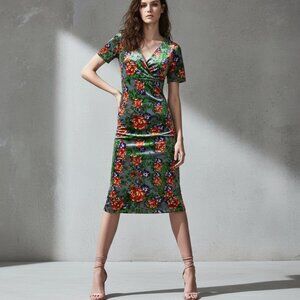 Zara Limited Edition Green Floral Velvet Midi Dress S NWT